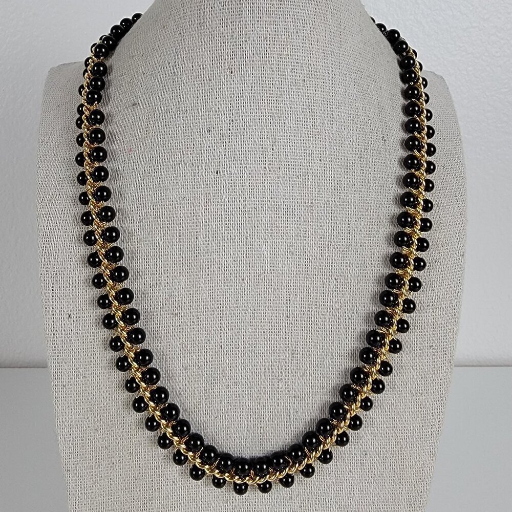 Vintage Napier Black And Gold Beaded Necklace 21 Inch Hook Clasp